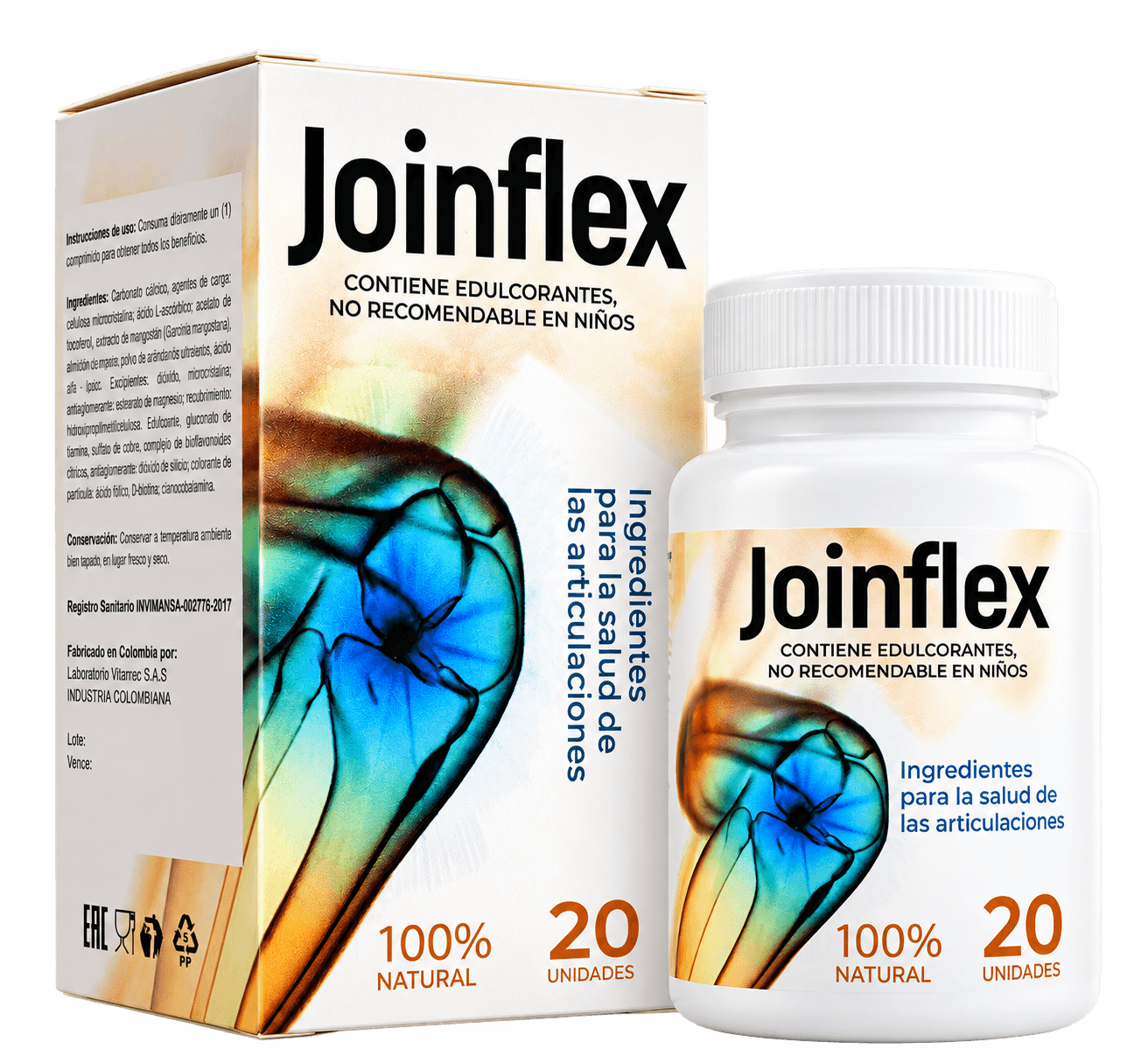 Caja y frasco de Joinflex, 20 comprimidos